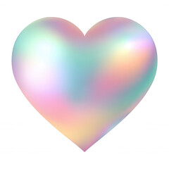 Ein glänzendes, holografisches Herz in schillernden Pastellfarben auf weißem Hintergrund als Symbol für moderne Liebe und Romantik.
