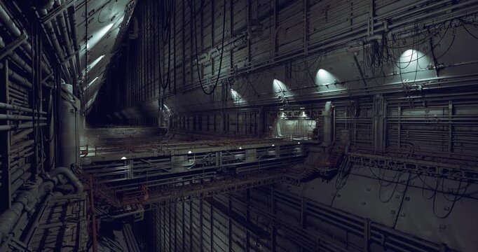 bright sterile storage bay with stacked racks and covered equipment, empty floor space with soft reflections, orderly arrangement suggests preflight preparation