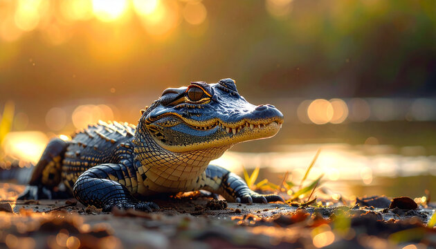 Alligator on the ground with bokeh background