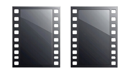 Zwei vertikale Filmstreifen-Rahmen auf weißem Hintergrund mit glänzenden Reflexionen, ideal als Vorlage für Fotografie und Kinoprojekte.