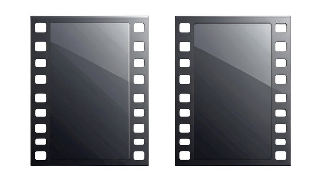 Zwei vertikale Filmstreifen-Rahmen auf wei&szlig;em Hintergrund mit gl&auml;nzenden Reflexionen, ideal als Vorlage f&uuml;r Fotografie und Kinoprojekte.