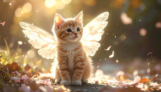 Cat with fairy wings in sunlight