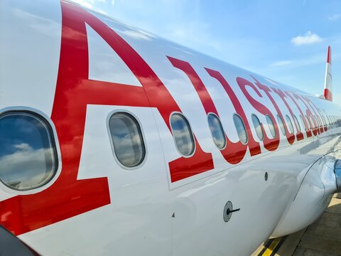 Naples, Italy - 09. March 2026: Austrian Airlines airplane awaiting departure at airport
