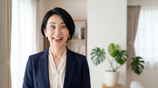 上品な装いでユーモア溢れる変顔を見せる、日本人女性のバストアップ写真