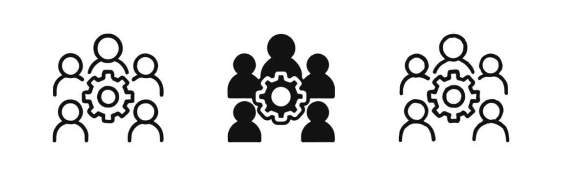 Teamwork and Collaboration Icon Set with Group of People and Gear Symbol.