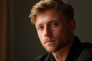 Fototapeta premium Handsome young blonde man with blue eyes and light beard in dark shirt natural light portrait