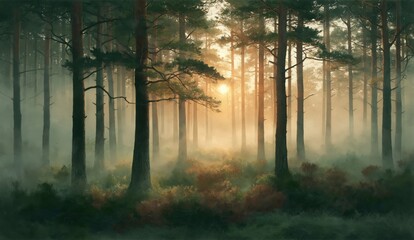 Obraz premium A serene forest scene with tall trees, mist, and soft sunlight filtering through, creating a peaceful and mystical atmosphere.