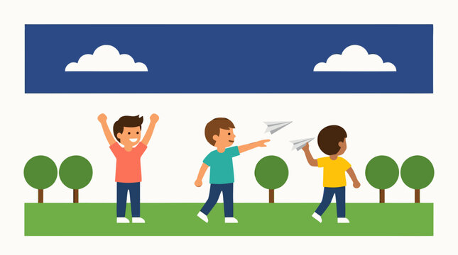 Children Paper Airplane Throwing Competition Outdoor Park Flat Vector
