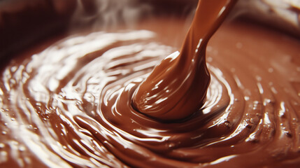 Rich melted chocolate being stirred.