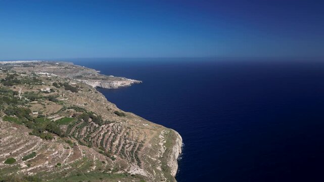 aerial view of Malta west coast, Dingli Cliffs, rocky landscape and coastal cliffs, no people