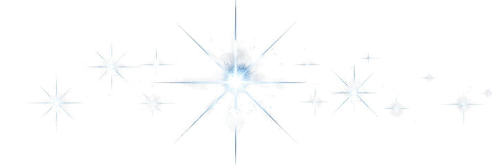 Funkelnde hellblaue Sterne und glitzernde Lichteffekte in horizontaler Anordnung isoliert auf weißem Hintergrund für festliche Designprojekte.