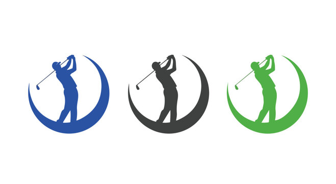 Golfer silhouette swinging club within a crescent moon shape in blue, black, and green color variations