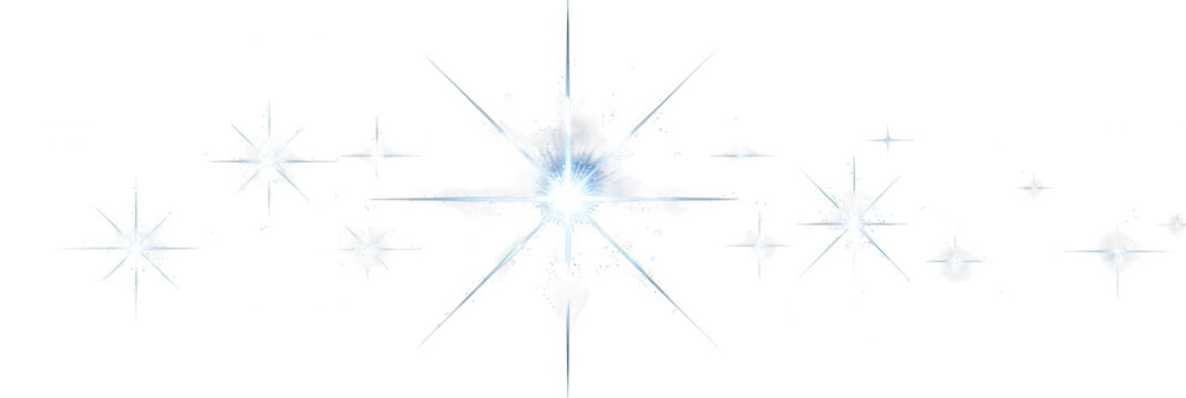 Funkelnde hellblaue Sterne und glitzernde Lichteffekte in horizontaler Anordnung isoliert auf wei&szlig;em Hintergrund f&uuml;r festliche Designprojekte.