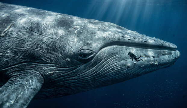 Close-up of a Giant Whale and a Tiny Scuba Diver Swimming Together in the Deep Blue Ocean, Majestic Underwater Encounter Showing Extreme Scale Between a Massive Whale and a Diver with Sun Rays
