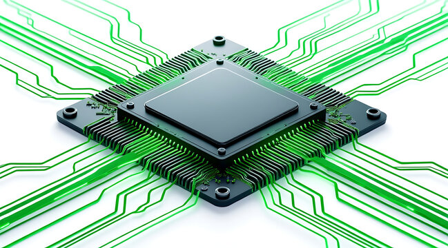 Clean isometric data core module with glowing green circuit lines connecting to central processor, futuristic electronic technology and network