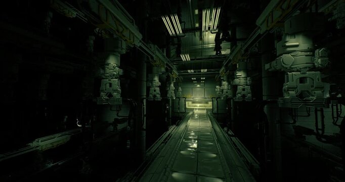 critical systems corridor with consoles and pipes, service cabinets and junctions under green tint, tense enclosed environment for diagnostics and control