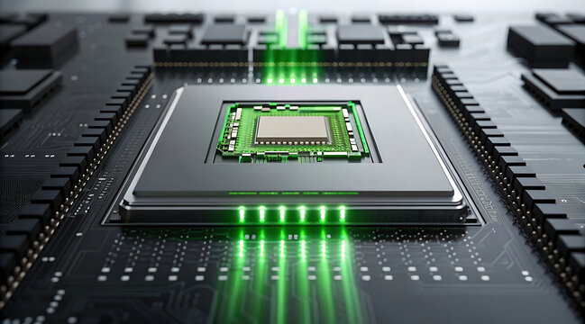 Futuristic microchip emitting controlled neon green light, close up of electronic processor circuit board with glowing traces and high tech