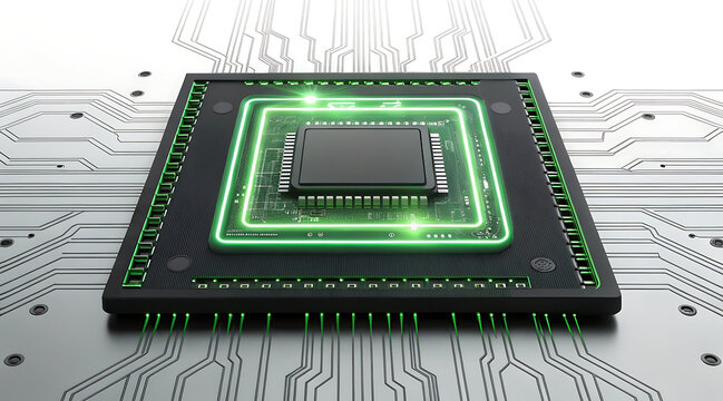 Futuristic microchip emitting controlled neon green glow, central processor on circuit board with glowing traces and tech atmosphere