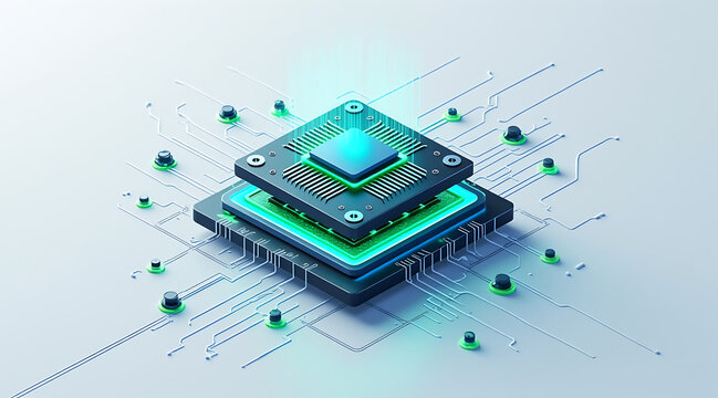 Isometric quantum computing block structure with glowing processor and circuit traces teal and green, futuristic hardware concept showcasing