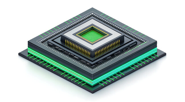 Isometric quantum computing block structure with layered processor and glowing green core, futuristic circuit details and stacked microchip design