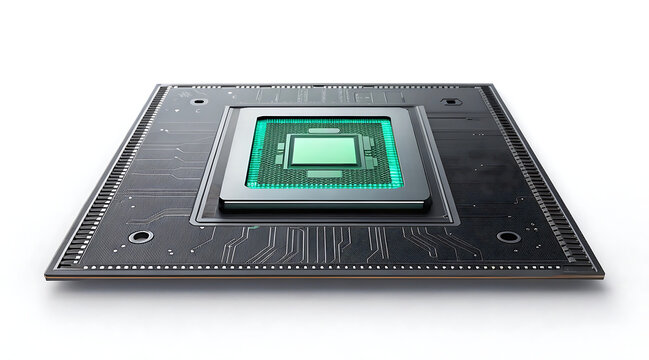 Next generation data processor board with glowing green chip and detailed circuit traces minimalist studio lighting expressing futuristic precision