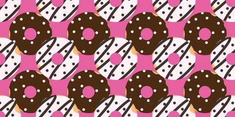Obraz premium Donut pattern with chocolate and white frosting, sprinkles on pink background. Perfect for wallpaper, textile, packaging, and playful food design.