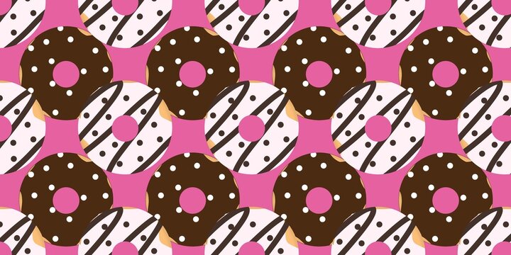 Donut pattern with chocolate and white frosting, sprinkles on pink background. Perfect for wallpaper, textile, packaging, and playful food design.