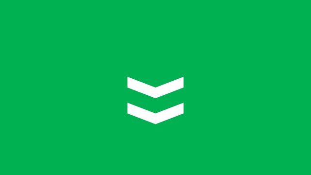 Minimalist white chevron arrow animation on green screen, looping scroll down motion graphic, simple directional navigation icon for video editing