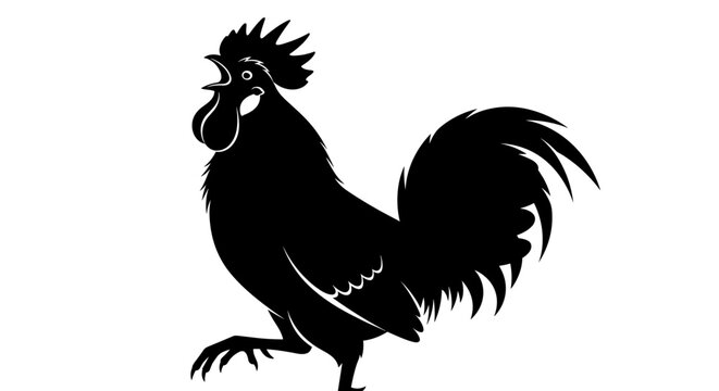 Black Rooster Silhouette Side View Portrait.