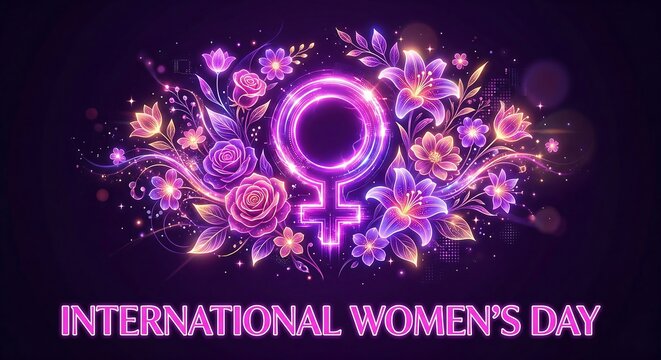 International Women Day digital celebration vector, Futuristic glowing female symbol with flowers  giral