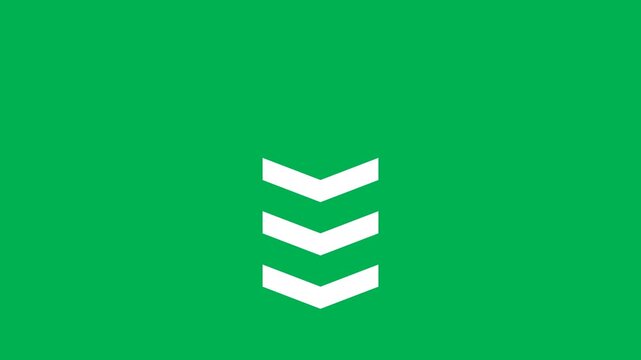 Minimalist white chevron arrow animation on green screen, looping downward scroll motion graphics, clean directional pointer interface element