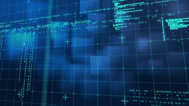 Digital animation of data processing over grid network and square shapes on blue background
