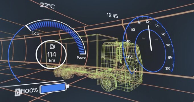 Animation of speedometer over electric truck project on navy background