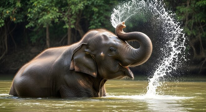Majestic Elephant Cooling Off in River with Water Spray.