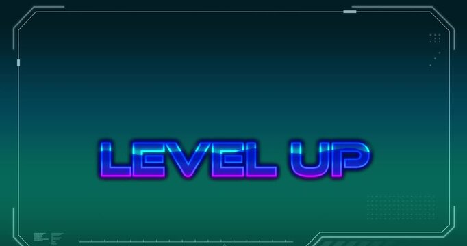 Level up text banner against abstract shapes on green and blue gradient background