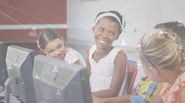 Animation of network of connections over happy diverse pupils using computers at school