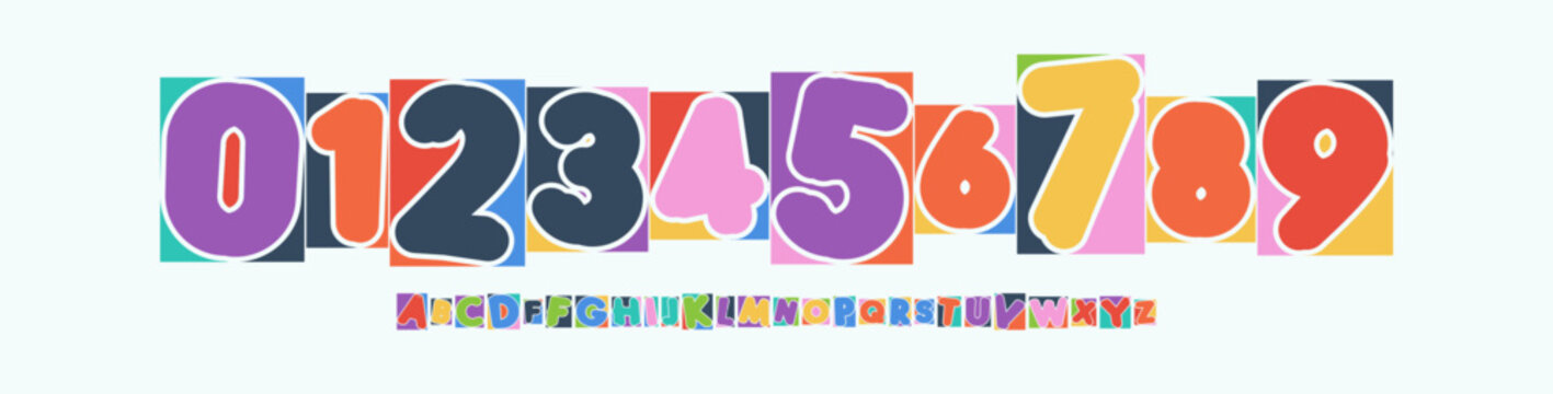 Color Numbers Letters Alphabet Font for Kid Birthday Years Logo, Corporate Anniversary Sign, Race Sport Team Jersey Numeric. Colorful Cutout Paper Typographic Design. Sports Num. Vector Illustration