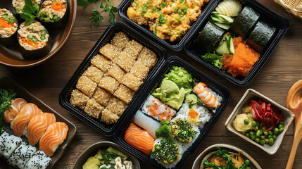 Variety of sushi and seafood dishes.