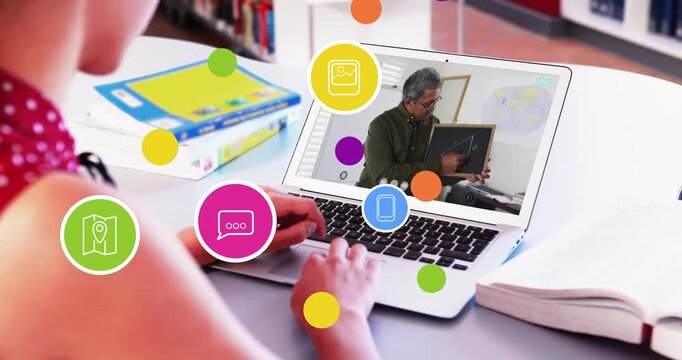 Multiple digital icons floating over caucasian girl having a videocall on laptop at school
