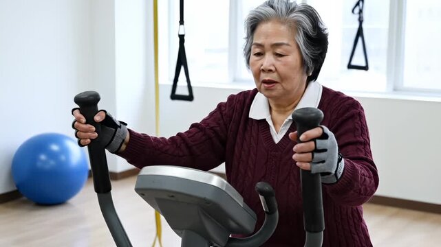 Senior woman exercises on elliptical machine in gym. Elderly woman touches screen on fitness equipment. Happy senior smiles while working out. Active woman training on cardio machine in sunlight.