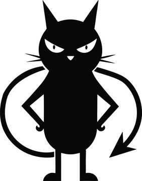 A minimalist black cat silhouette with an angry expression and a devilish tail on white background Vector, illustration