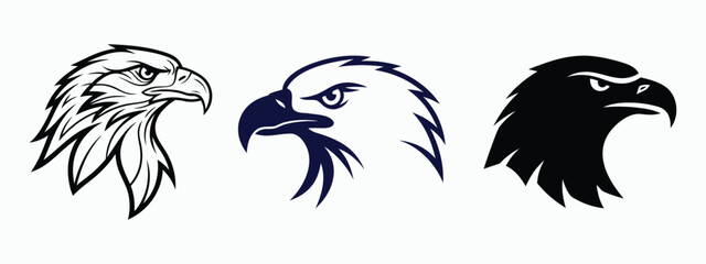 Fototapeta premium Set of Three Bald Eagle Head Silhouettes Vector Illustration, Black, Outline and Blue