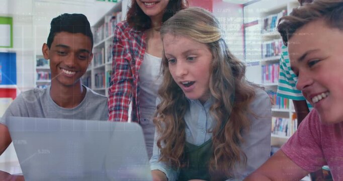 Animation of multiracial student discussing using laptop over globe, trading board and graph