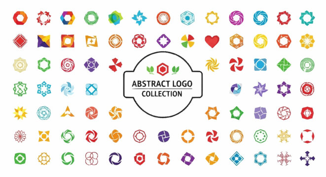 Large set of abstract geometric logo templates and icons in various colors, including hexagonal, circular, floral, and star shapes, displayed in a grid on a plain white background.