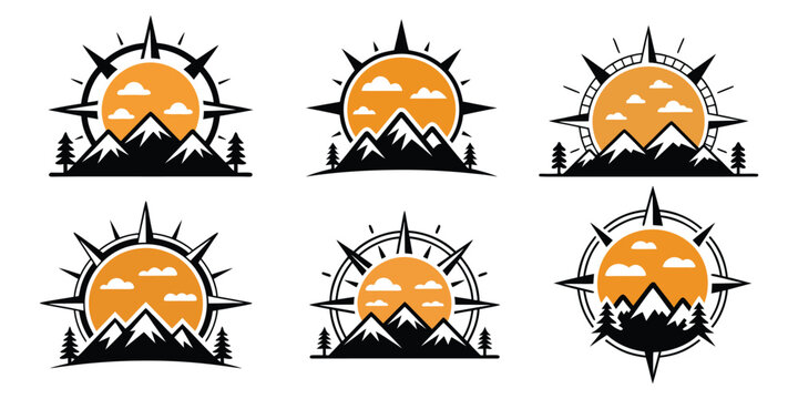 Adventure mountain logo with compass rose, sun and pine trees, outdoor explorer emblem vector illustration
