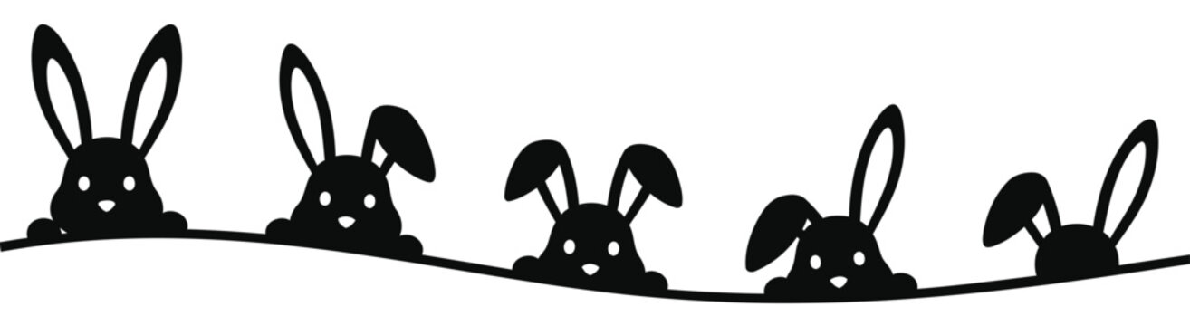 Charming black bunny rabbit silhouettes peeking over a whimsical border vector graphic design
