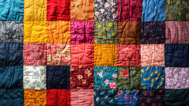 Colorful Patchwork Quilt Displaying Various Textile Patterns and Textures