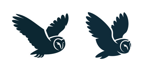 Fototapeta premium Flying Owl Silhouette Vector Set, Dark Blue Barn Owl in Flight Logo Icons