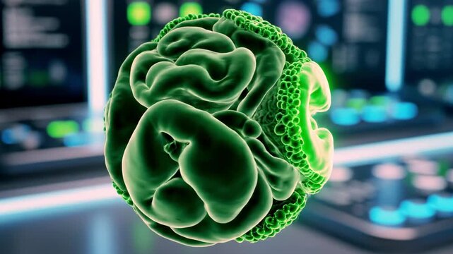 A 3D green cell model with various sized circular structures and a glowing outline, set against a blurred laboratory background with screens and equipment