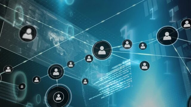 Animation of interconnected profile icons, falling binary codes and globe over infographic interface